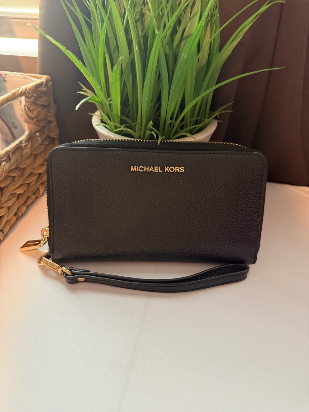 Michael Kors Black Leather Wristlet with Gold Hardware